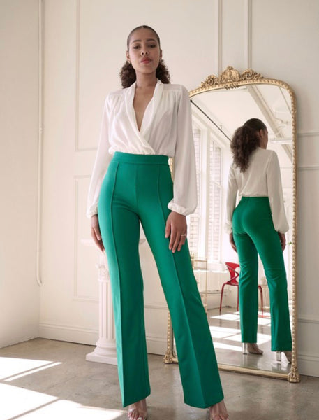 emerald green pants outfit